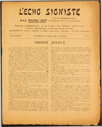 L'Echo Sioniste. Vol. 16 n° 11 (10 mars 1922)